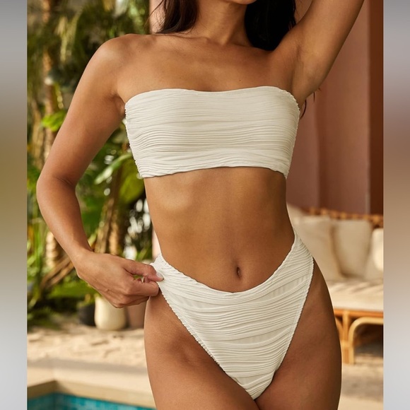 ~Strapless Wave Bandeau Bikini 2 Piece Swimwear Cheeky Solid Lace up~ - Picture 5 of 8